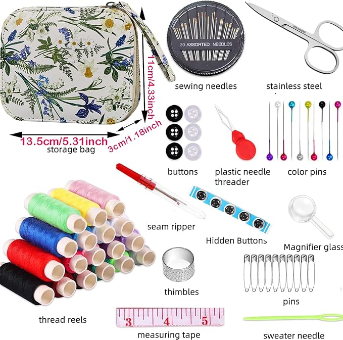 Printing Sewing Kit Bluebell Pattern Sewing Set Travel Sewing Supplies with Zipper Sewing Kit Case, 87 PCS Professional Sewing Accessory for Emergency, Home