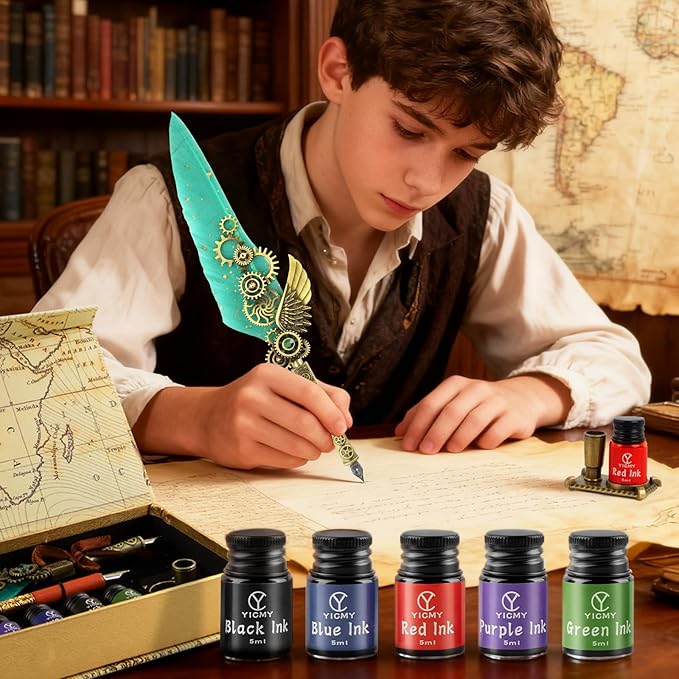 Quill Pen and Ink Set, Calligraphy set - feather quill pen, Wooden Dip Pen, 5 Color Ink, 5 Replaceable Nibs, Pen Holder,Vintage Calligraphy Pens for Beginners and Calligraphy Lovers (Green)