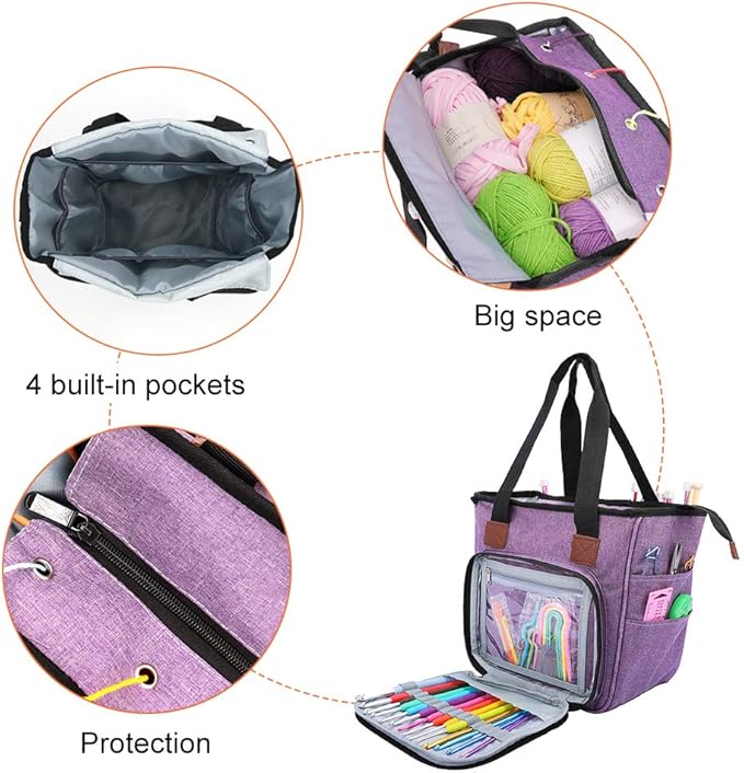 SumDirect Yarn Bag, Knitting Organizer Tote Bag Portable Storage Bag for Yarns, Carrying Projects, Knitting Needles, Crochet Hooks, Manuals and Other Accessories (Purple)