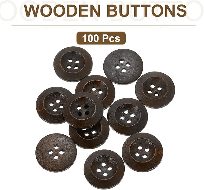 uxcell 100Pcs Wooden Buttons, 23mm(7/8") 4 Hole Round Wood Sewing Button Craft for Sewing DIY Craft Clothing, Dark Brown