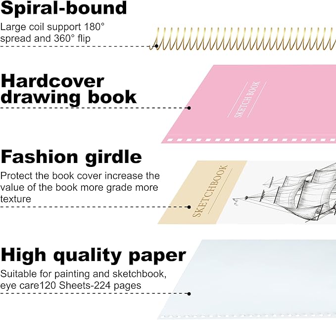 2 Pack Hardcover Sketchbook for Drawing 120 Sheets Spiral Bound 9 x 12 Sketch Pad Premium Art Sketchbook Artistic Drawing Painting Writing (68lb/100gsm) for Kids Adults Beginners Artists, Pink+Blue