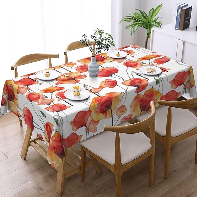 Red Orange Poppies Rectangle Tablecloth Watercolor Poppy Wild Flowers Table Cloth Dining Table Cover for Home Kitchen Restaurant Party Buffet Picnic 54 x 72 Inch