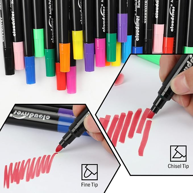 cloudriver Acrylic Paint Pens, Bulk Pack of 48, 12 Colors Water-based Ink Markers, Fine and Chisel Tip Acrylic Paint Markers For Canvas, Rock Painting, Wood, Glass, Metal, Ceramic, stone