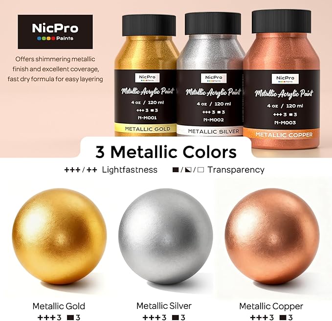 Nicpro Acrylic Paint Metallic, 3 Colors Gold, Silver, Copper 12oz/360ml Gold Leaf Paint, Non Toxic, Non Fading for Art Painting, Handcrafts, Ideal for Multi-surface, Canvas, Wood, Clay, Metal