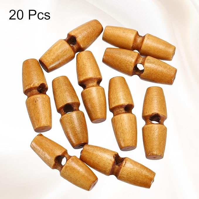 HARFINGTON 20pcs Wooden Toggle Buttons 30mm / 1.2" Single Hole Wood Olive Horn Sewing Buttons for Coat Sweaters Clothing DIY Craft, Medium Brown