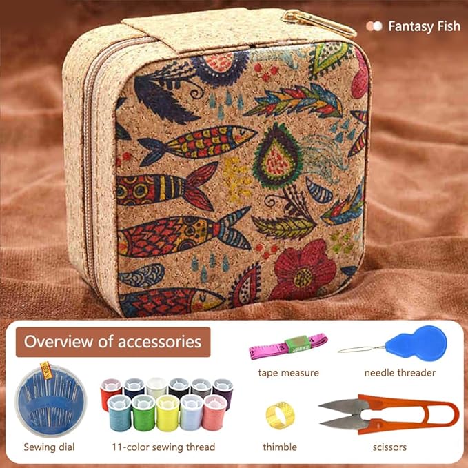 Sewing Box,Portable Travel Sewing Kit ，Vintage Soft Wood Print Sewing Kit,Mini Sewing Kits Storage Box,with 11 Color Thread, Scissors, Needles, Tape Measure and Other Accessories (Fantasy Fish)