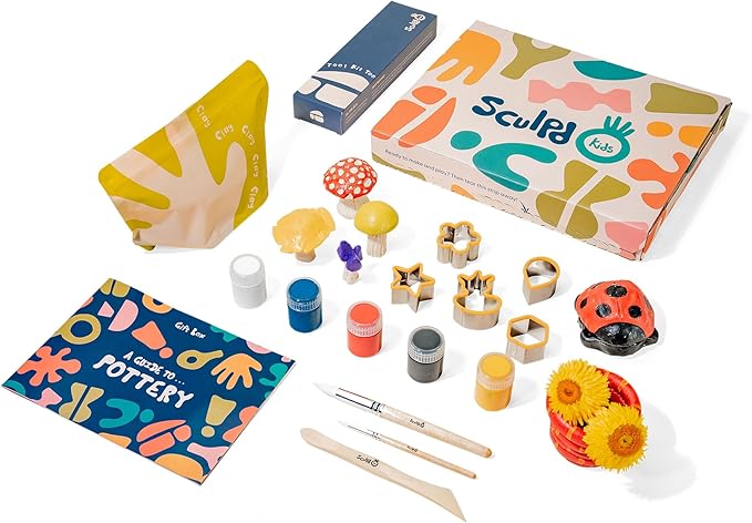 Sculpd - The Original Kids Pottery Kit, Air-Dry Clay Starter Kit for Kids Age 7+, Air Dry Clay with 5 Colour Paint Set, Paintbrushes, Pottery Tools, Clay Cutters, Sponge and Step-by-Step Guide