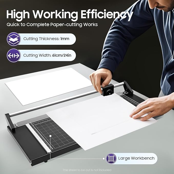 24-inch Rotary Paper Cutter, Manual Sharp Photo Paper Trimmer, Precision Cutting Tool with Safety Guard and Measurement Grids for Cardstock Posters Photos - Studio & Office Use (24inch)