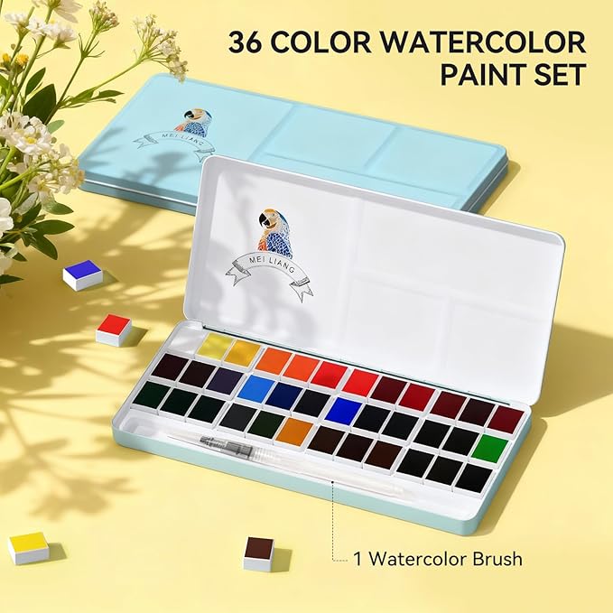36 Color Solid Watercolor Paint Set with Metal Case & Brush, Highly Pigmented Watercolor for Beginners, Students & Outdoor Painting