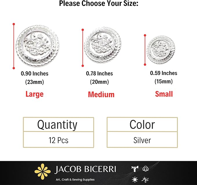 Silver Metal Shank Buttons - 12 Pcs - 3 Size Options - Twin Horse Round Metal Shank Buttons for Men Women Blazer Coat Uniform Shirt Suit and Jacket Sewing Craft DIY N7302
