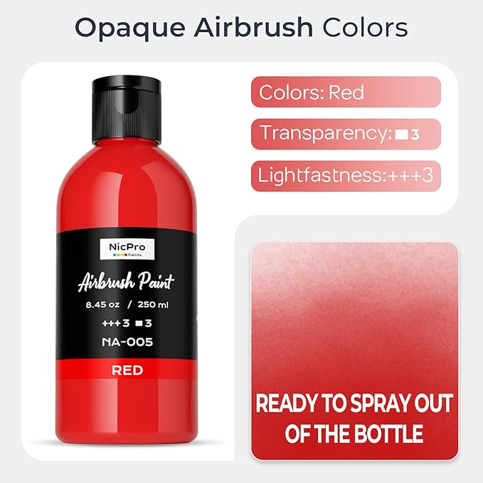 Nicpro Red Large Airbrush Paint (8.45 oz, 250 ml) Ready to Spray Opaque Water-Based Acrylic Air Brush Paints for Model, Wood, Canvas, Metal, Plastic, Leather, for Beginners & Artists