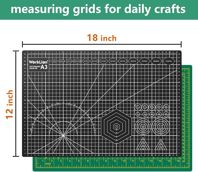 Worklion Self Healing Craft Mat: 18"x12" Rotary Cutting Mat for Sewing,Quilting,Leather,Craft,Fabric,Model,Art,Clay,5-layer 2-sided Cutting Mat, green and black