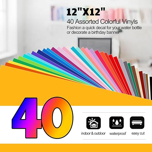 TECKWRAP Permanent Vinyl 12" x 12" 40 Sheets/Pack Assorted Colors Adhesive Vinyl Sheets for Cutting Machine, DIY Craft, Sticker, Car Decal, Party Decoration