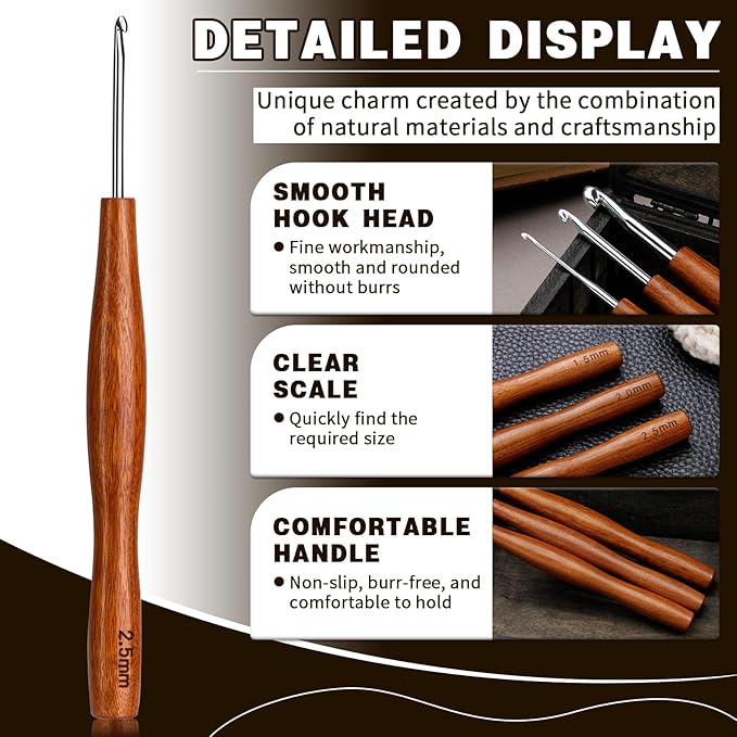 Nitlak 2.5mm Crochet Hook, Available in 1.5mm-6.0mm, Aluminum Ergonomic Crochet Hook with Wooden Handle for Arthritic Hands, Beginners, Crochet Needles for Knitting