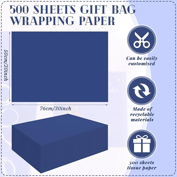 Qilery 500 Sheets Navy Blue Tissue Paper Bulk for Gift Bags 20 x 30 Inch Acid Free Wrapping Packaging Paper Sheets for Winter Eid Al-fitr Ramadan Decor DIY Crafts, Birthday Party, Shipping Packing