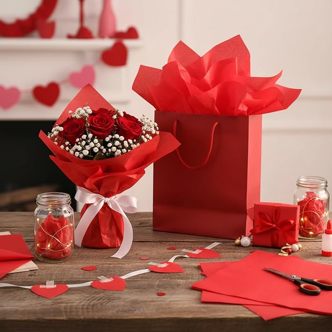 Qilery 500 Sheets Red Tissue Paper Bulk 15 x 20 Inch Valentine's Day Wrapping Paper for Gift Bags Acid Free Tissue for Chinese New Year Craft, Bouquet, Garland, Forming Pompom, Wedding