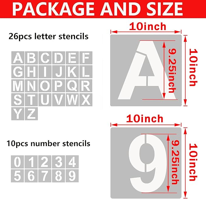 YEAJON 10 Inch Letter Stencils and Numbers, 36 Pcs Alphabet Art Craft Stencils, Reusable Plastic Art Craft Stencils for Wood, Wall, Fabric, Rock, Chalkboard, Signage, DIY School Projects (10 Inch)