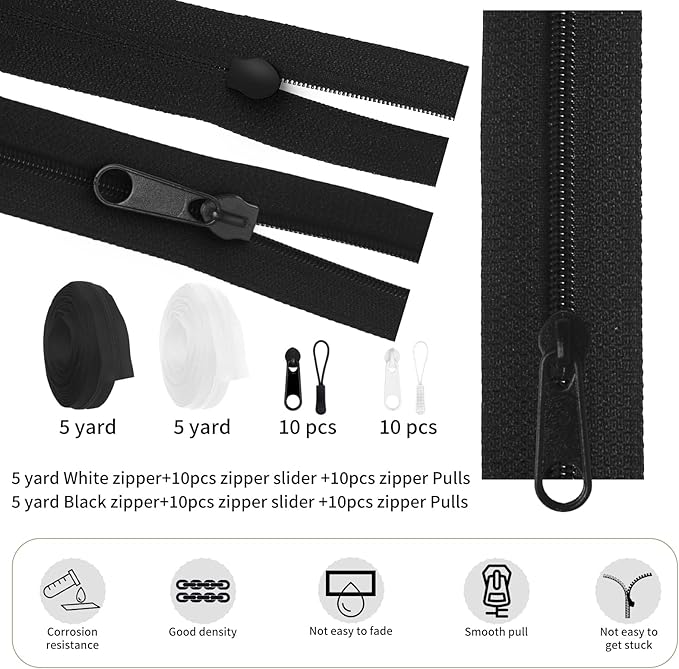 #5 Black and White Zippers Roll,360 inch 10 Yards Nylon Coil Zipper by The Yard with Bulk 20pcs Sliders and 20pcs Zipper Pulls for Replacement and Sewing,DIY Bags,Crafts(5 Yards Each of #5)