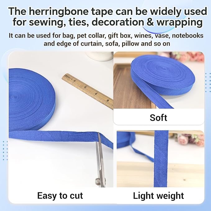 Royal Blue Twill Tape 3/4 Inch Wide - 40 Yards Herringbone Cotton Webbing Bias Binding Tape for Sewing, Crafting, DIY Projects, Pet Collars, Gift Wrapping and Home Decoration