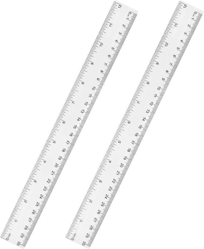 Clear Plastic Ruler 12 Inch Straight Rulers, Shatterproof Ruler with Inches and Centimeters for School Classroom, Home, or Office (2pcs)