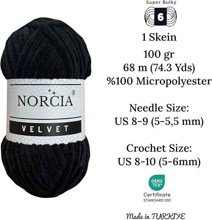 Soft Velvet Chenille Yarn for Crocheting & Knitting - Super Bulky 100g (74.3 yds) Baby Blanket Yarn - Amigurumi & Weaving Craft - Fancy Yarn - Black, 1 Skein