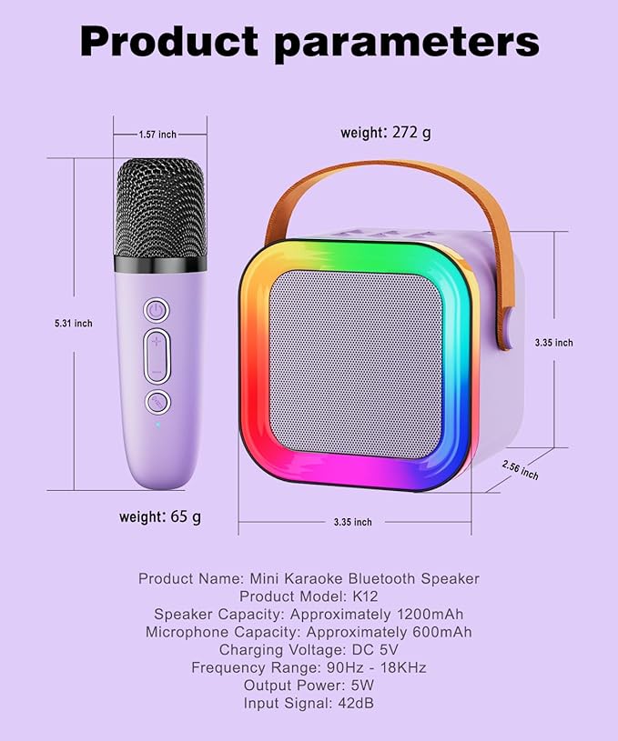 Mini Karaoke Machine Speaker for Kids Adults,Portable Bluetooth with 1-2 Wireless Microphones,Christmas Birthday Gifts Toys Girls Boys Ages 4, 5, 6,7, 8,9,10,11,12+ Years Old Toddler (Purple - 2 Mic)
