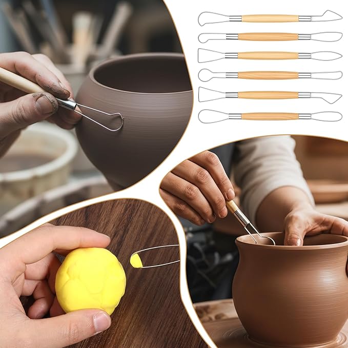 6Pcs Double-Sided Clay Sculpting Tools Clay Sculpting Tools Clays Wire Loop Sculpture Set Wooden Handle Ribbon Clays Tool Pottery Trimming Tool for Ceramic Wax Carving Ceramic Modeling