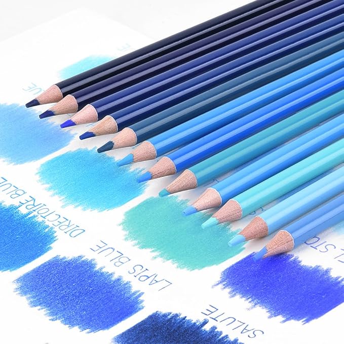 Mifuner 12Pcs Blue Colored Pencils Set, Oil Based Drawing Pencils, Pre-sharpened Wooden Professional Sketch Pencil Art Supplies for Adults, Coloring Books, No Duplicates