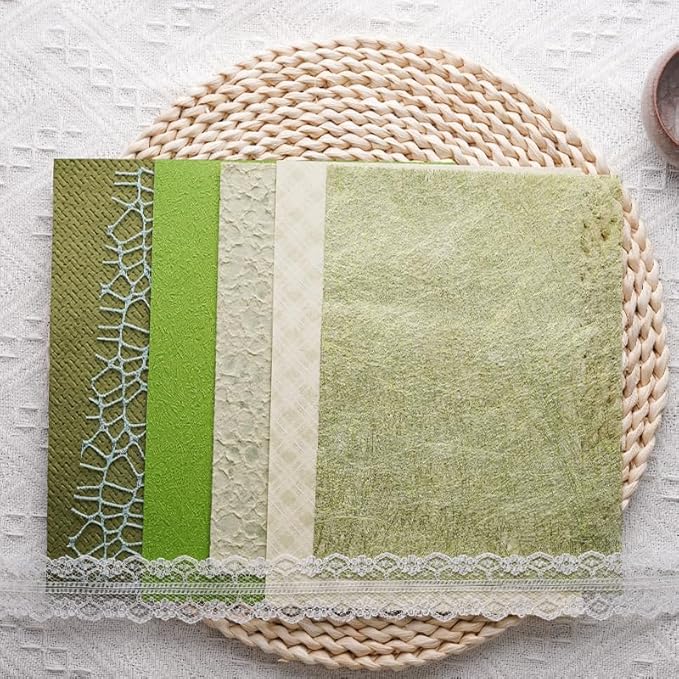 15Pcs Handmade Scrapbook Art Paper Craft Textured Paper Colorful A5 sheet Mesh Special Paper Mix for Scrapbooking Junk Journal Journaling Supplies DIY Materials,5.8x8.2 inches (Green)