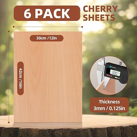 Rowood 6 Pack Cherry Wood Plywood Sheets 1/8,12x16x1/8inch,3mm Thin Unfinished Craft Wood for Laser Cutting Blanks,DIY Adult Project Kits for DIY Ornaments,Architectural Model