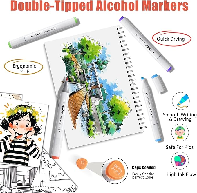 Alcohol Markers,48 Colors Double Tipped Coloring Markers for Adult Coloring Book,Art Set for Book Painting, Christmas gift for Kids
