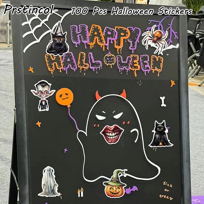 100 Pcs Black Cat and Witch Stickers, Horrible Pumpkin Stickers for Scrapbook, Junk Journal, Collages, Halloween Party Favors, Waterproof Vinyl Sticker for Laptop, Window, Water Bottles