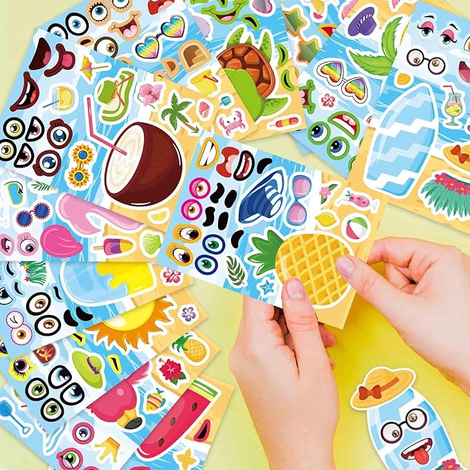 24 Sheets Summer Make a Face Sticker for Kids, Hawaii Tropical Pool Beach Stickers, Make Your Own Sticker with Pineapple Flamingo Beverage, Summer Holiday Party Favors