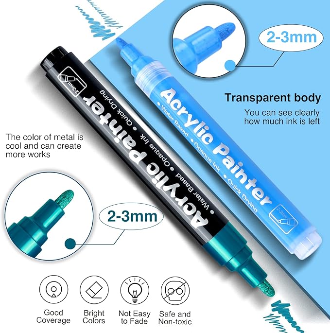 FUMILE Acrylic Markers Paint Pens, 80 Colors Paint Markers include Metallic Color (12 PCS), Blink Color (12 PCS) and Normal Color (56 PCS). For Rock,Metal,Plastic,Glass,Canvas,Ceramic,Wood,And More
