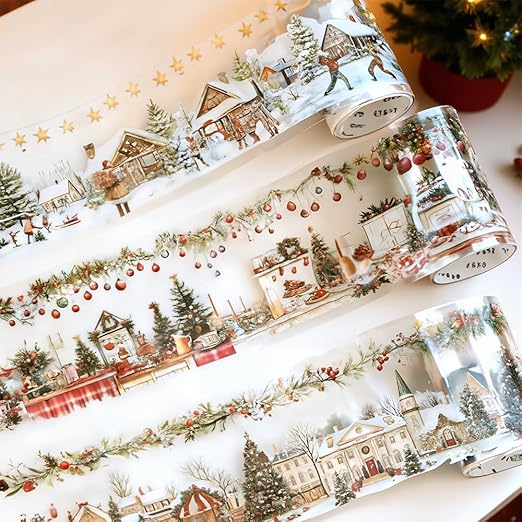 3 Rolls Christmas Washi Tape Set, 65mm x 2m PET Scrapbook Tape Christmas Stickers for Scrapbooking Supplies Winter Xmas Landscape Washi Tape Scrapbook Stickers for Journaling Washitape Masking Tapes