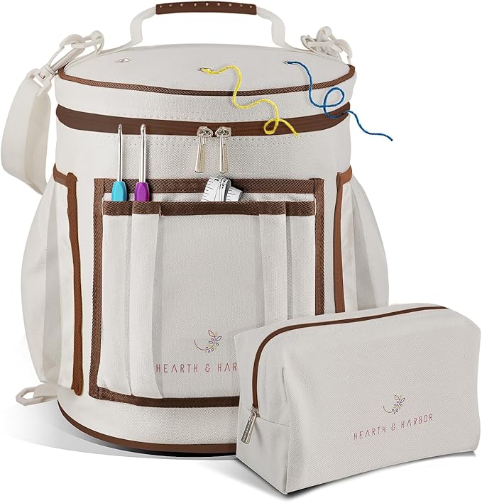 Hearth & Harbor Crochet Bag Organizer – Durable Knitting Bag, Yarn Organizer for Accessories and Supplies, Canvas Yarn Holder, Crochet Carrying Case with Accessories Pouch, Storage Organizer – Gray