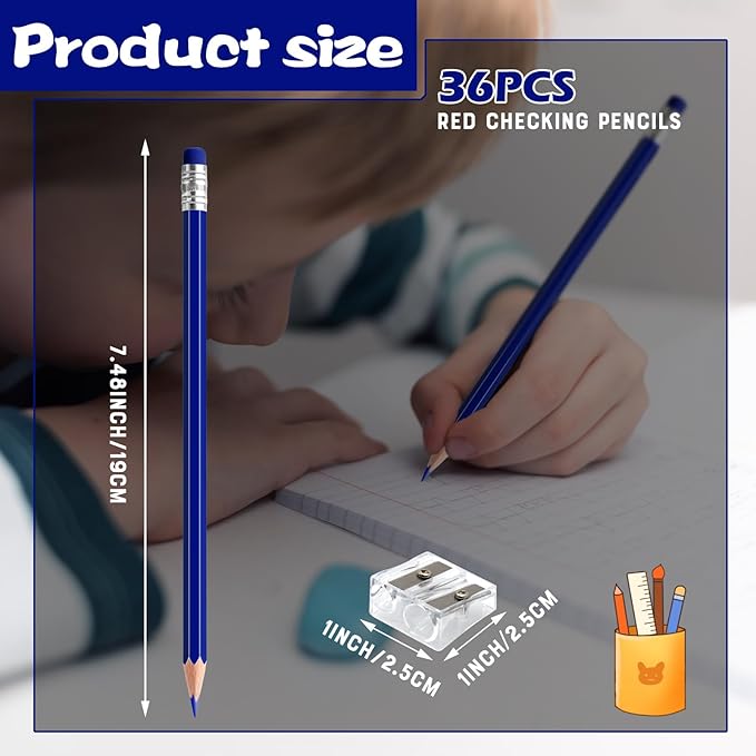 36 PCS Dark Blue Checking Pencils Erasable Colored Pencils with Eraser Pre-Sharpened 2 HB for Checking, Grading, Tests & Office/School Supplies (Dark Blue)