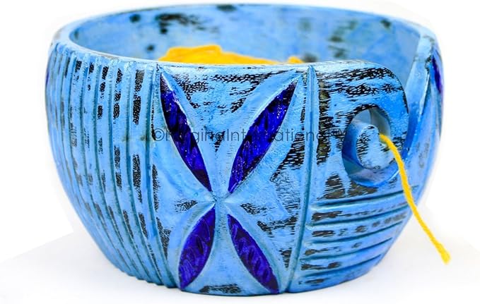 Exquisite Premium Yarn Ball Storage Bowls | Hand Painted Lovely Decor Yet Functional Yarn Dispenser (Large (7 x 4 x 7 Inches), Frozen Blue)