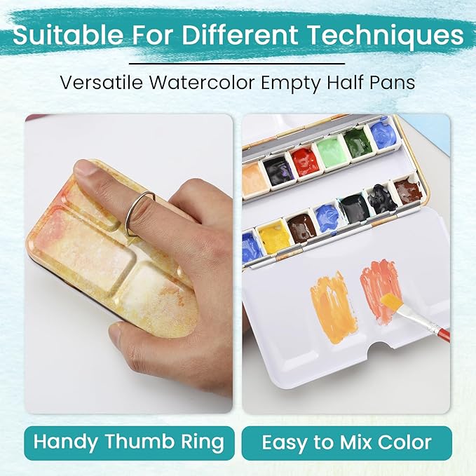 Watercolor Palette Empty with 14PCS Watercolor Half Pans - Sturdy Metal Empty Watercolor Palette Tin - Suitable for Gouache, Watercolor, Acrylic Painting