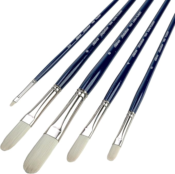 Silver Brush Limited BR-1953 Bristlon Long Handle Filbert & Long Filbert Brushes with Stiff White Synthetic Tips, 5pc Professional Painting Set for Acrylic, Oils, Gouache, Watercolor, and All Media