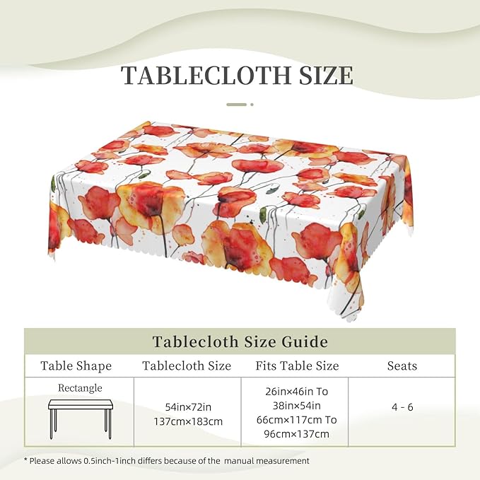 Red Orange Poppies Rectangle Tablecloth Watercolor Poppy Wild Flowers Table Cloth Dining Table Cover for Home Kitchen Restaurant Party Buffet Picnic 54 x 72 Inch