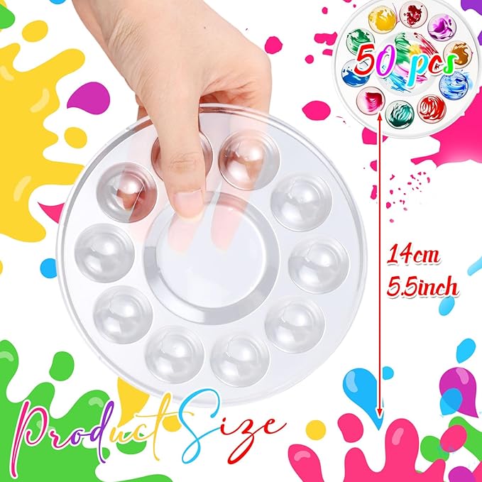 50 Pcs Paint Tray Palettes 5.5 in Clear Disposable Round Plastic Paint Palette Watercolor Craft Supplies for Art Class, Halloween Painting Party, DIY Craft, Birthday Party