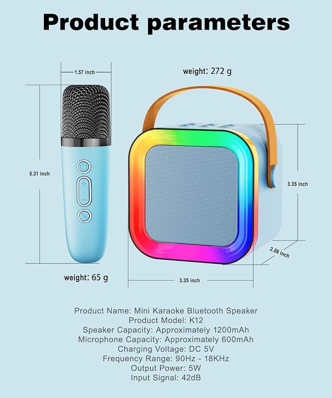 Mini Karaoke Machine Speaker for Kids Adults,Portable Bluetooth with 1-2 Wireless Microphones,Christmas Birthday Gifts Toys Girls Boys Ages 4, 5, 6,7, 8,9,10,11,12+ Years Old Toddler (Blue - 2 Mic)