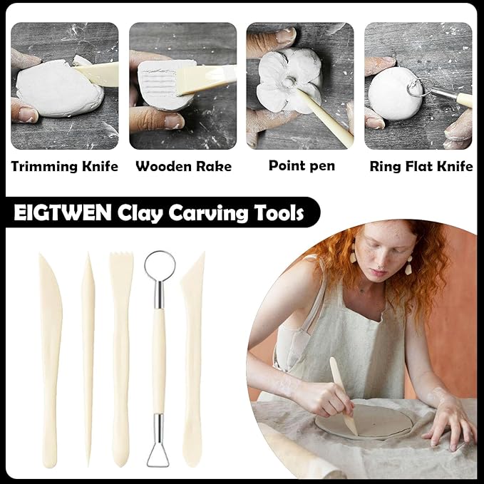 EIGTWEN 100ml Air Dry Clay Glaze and 29pcs Clay tools kit, Matte Clay Varnish Protects Clay from Surface Wear, Pottery Tools Can be Used for Stippling, Carving, Molding, and Shaping Clay Crafts(Matte)