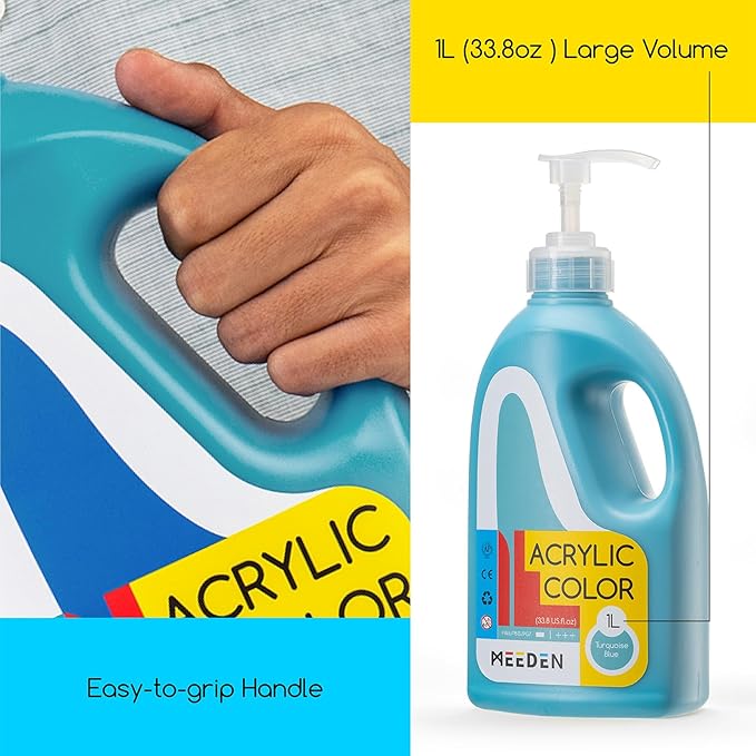 MEEDEN Turquoise Blue Acrylic Paint: 1 L /33.8 oz Satin Liquid Paint with Pump Lid - Soft Body Art Paints for Canvas, Studio, School, Wall & Poured Paintings