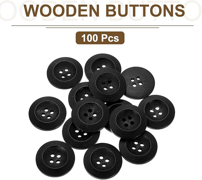 uxcell 100Pcs Wooden Buttons, 25mm(1") 4 Hole Round Wood Sewing Button Craft for Sewing DIY Craft Clothing, Black