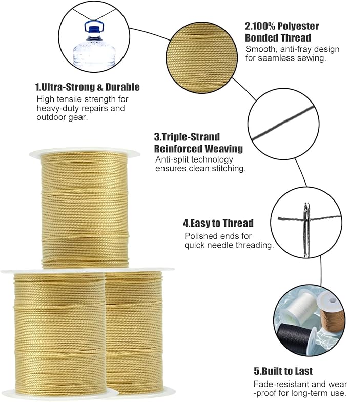 Extra Strong Upholstery Thread Repair Sewing Kit,Polyester Thread for Sewing with 7 Size Sewing Needles for Furniture,Leather&Canvas Stitching,70m/Spool (Cream)