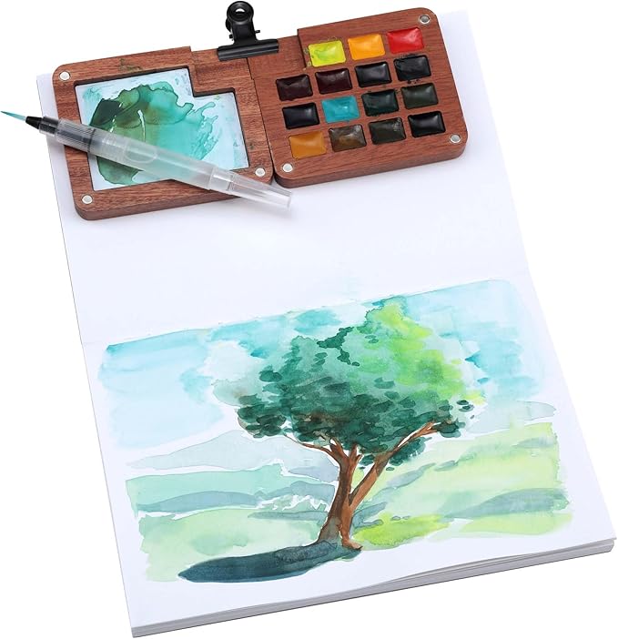 Soho Urban Artist Mini Wooden Travel Watercolor Set of 15 - Professional Watercolor Paint Set for Watercolorists & Plein Air Artists, Semi-Moist Pans, Pocket-Sized Magnetic Wood Case with Mixing Area