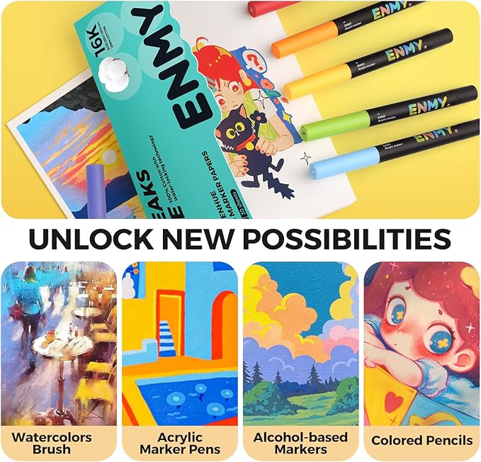 ENMY Acrylic Marker Sketch Pad, 7×4.9 Inch Bleed-Proof Marker Paper,140lb/300gsm Heavyweight Sketchbook, 30 Sheets Drawing Pad Glue-Bound with Hard Backing for Artists, Students