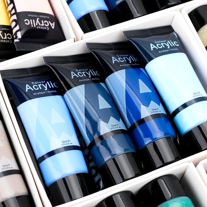 AUREUO Blue Acrylic Paint Set - 8 Ocean Marine Coastal Colors 0.71 Fl Oz / 21ml Tubes Aqua Winter Blue Tone Art Paints for Crafts Seascapes, Gift for Painters